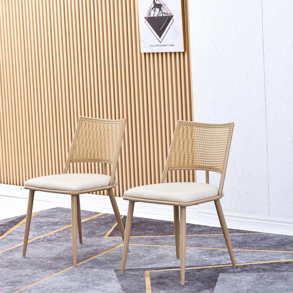 Sedia da Pranzo Set da 2 con Schienale in Rattan, Seduta Imbottita e Struttura in Metallo, Rattan Beige