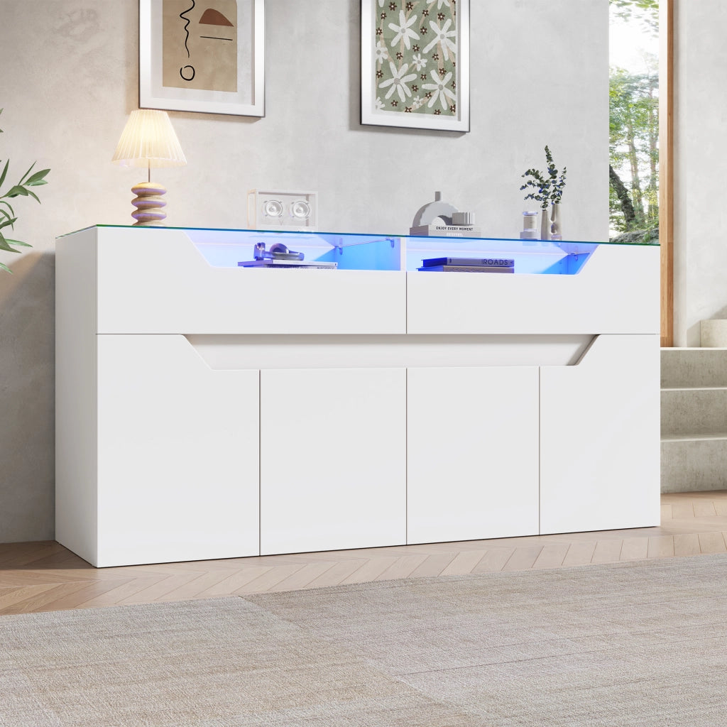 Madia con 2 cassetti e piano in vetro temperato con LED per soggiorno e ingresso; in MDF; bianco; 140×40×70 cm