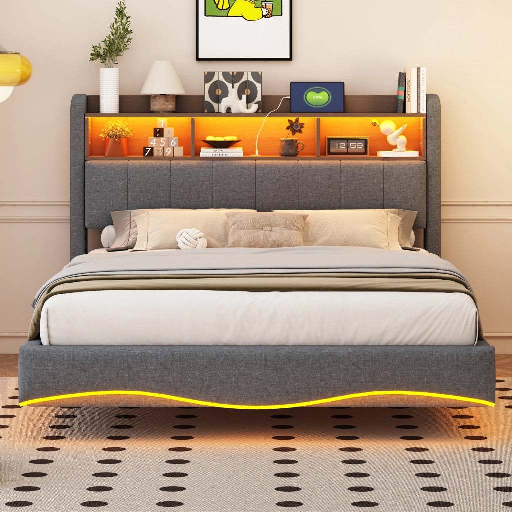 LETTO Imbottito 140x200 cm Grigio con LED, USB, Type-C e vano testiera