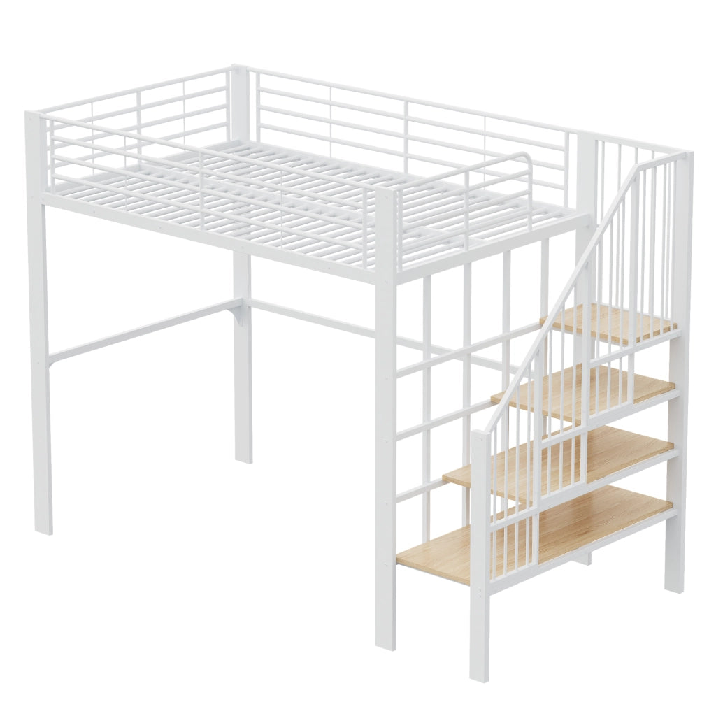 Letto a soppalco 140 × 200 cm 2 posti con spazio contenitore e scala; senza materasso; in metallo e legno bianco