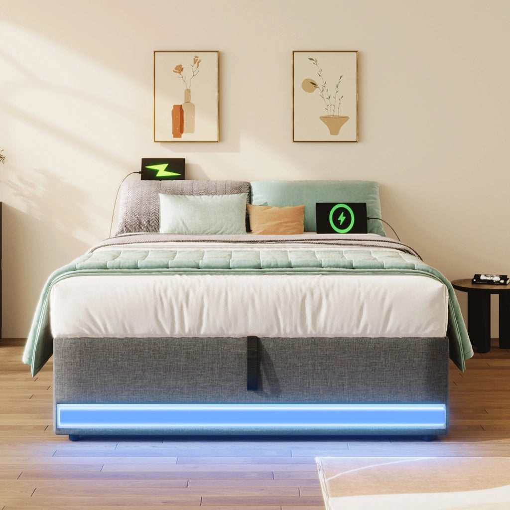 LETTO contenitore 90x200 cm in lino grigio con LED, USB e Type-C
