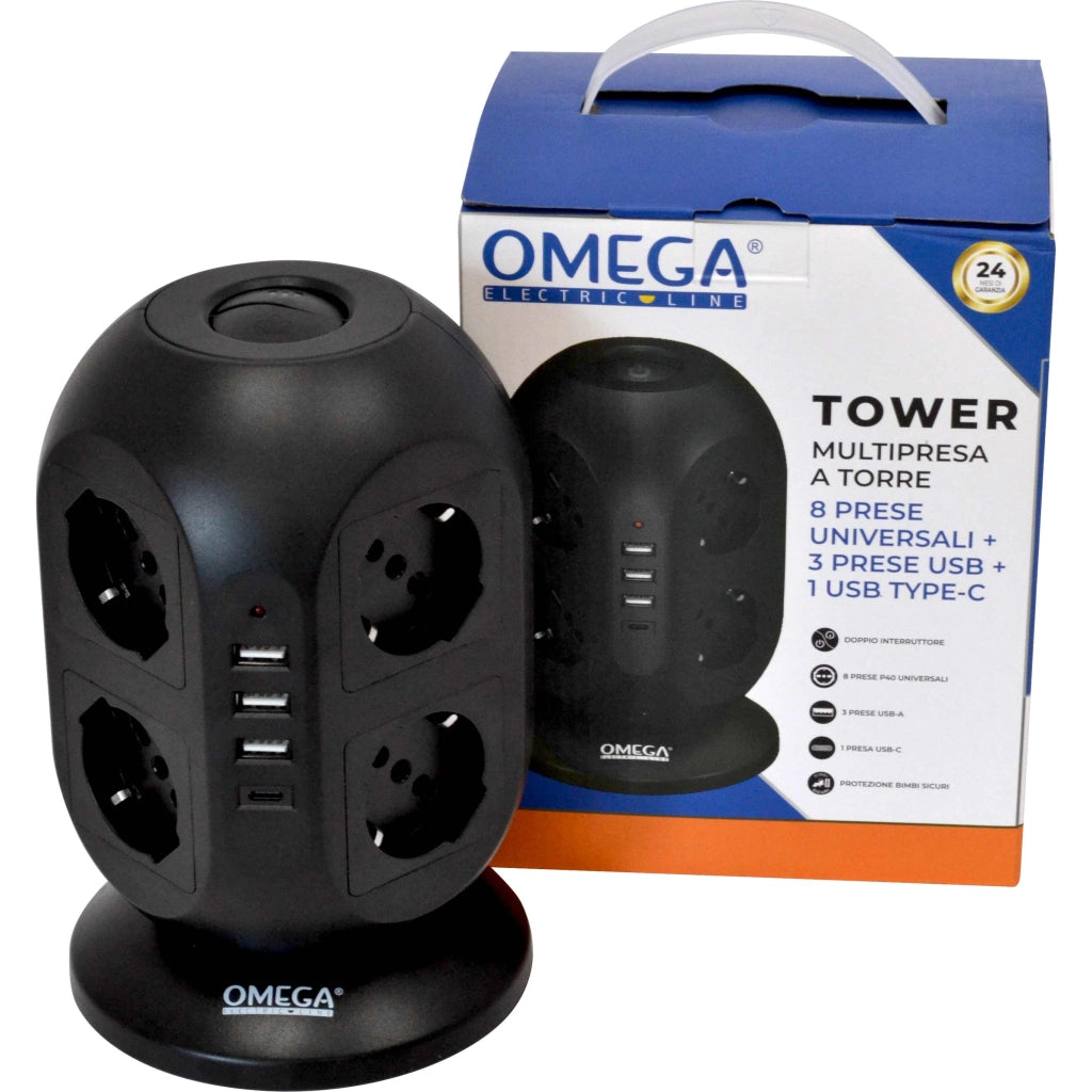 TOWER MULTIPRESA A TORRE 8 PRESE UNIVERSALI P40 E 4 USB