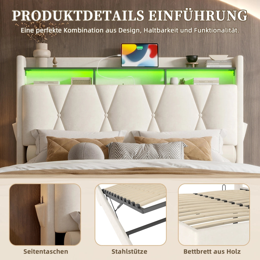 Letto Contenitore 160x200 cm con LED; USB e Type-C; Ripiano Testiera; Beige