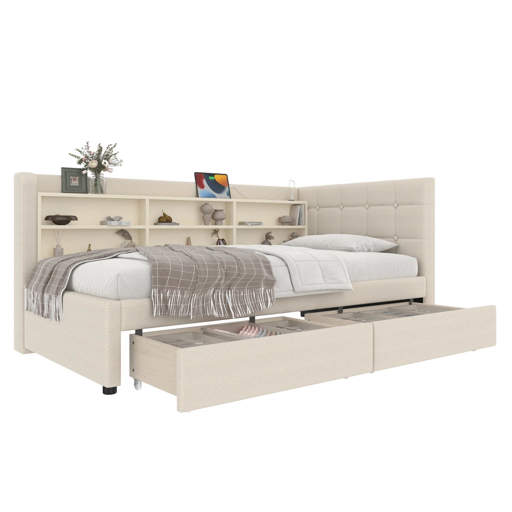 Letto a giorno con 2 cassetti; porta USB e Tipo-C; ripiani e doghe; lino beige; 90x200 cm; senza materasso