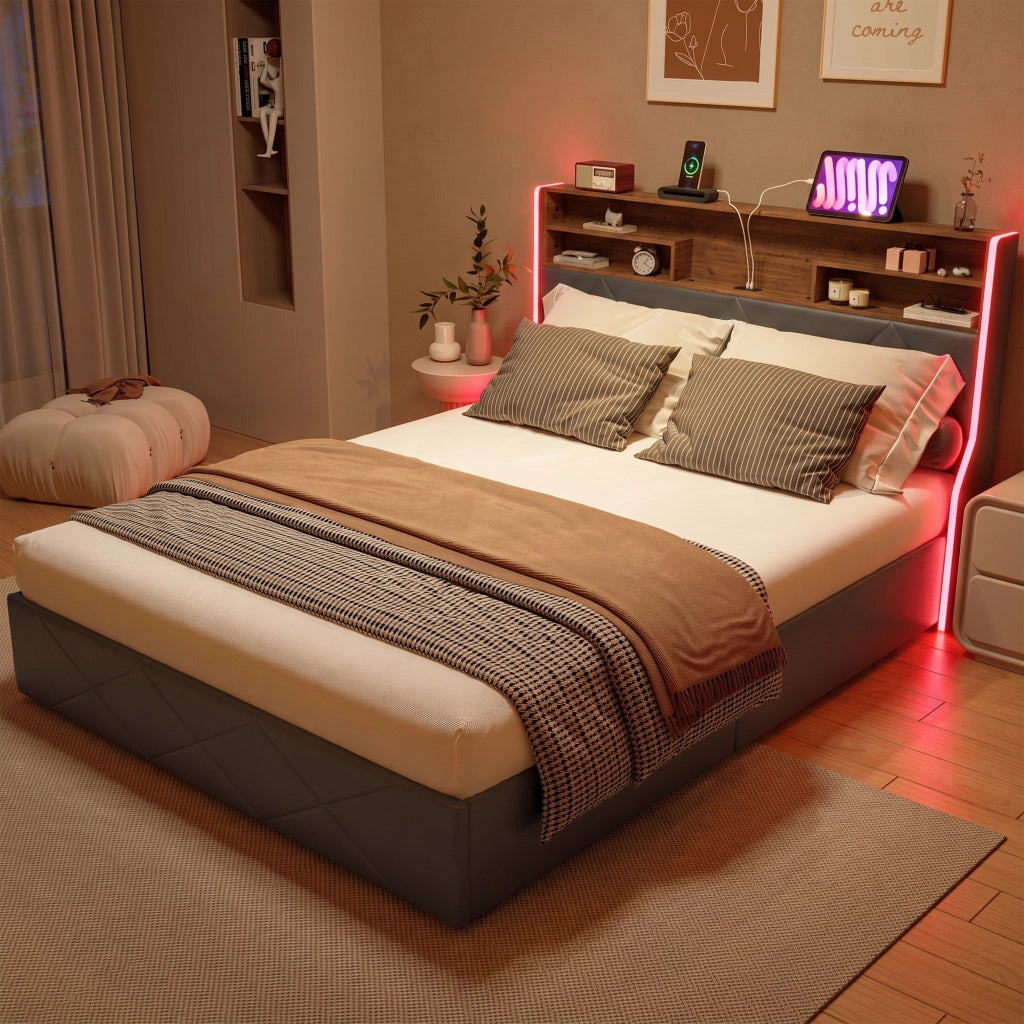 Letto matrimoniale 160x200 cm con contenitore LED USB Type-C testiera rete a doghe struttura letto metallo legno PU - nero