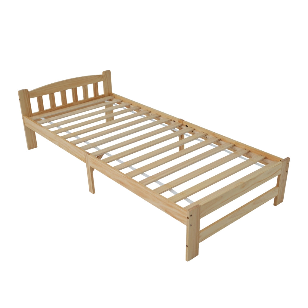 Letto singolo in legno massello - Zephmum - 90x200 cm - Natur - Con testiera e rete a doghe