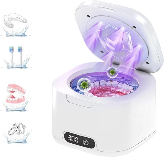 Rinomatrice ultrasonica - Apparecchio di pulizia dentale ultrasonica - Pulizia di protesi e parziale - Apparecchio di pulizia ultrasonica con funzione UV - 300 ml - Pulente per protesi dentarie, retentori ortodontici, teste di spazzola e gioielli - Bianco