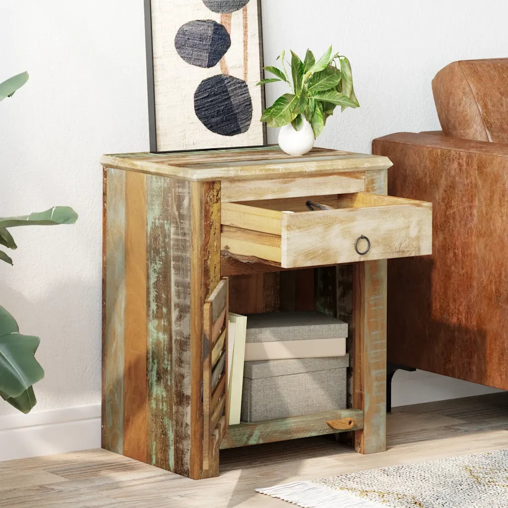 Tavolino Laterale con 1 Cassetto e 1 Anta in Legno di Recupero 240950
