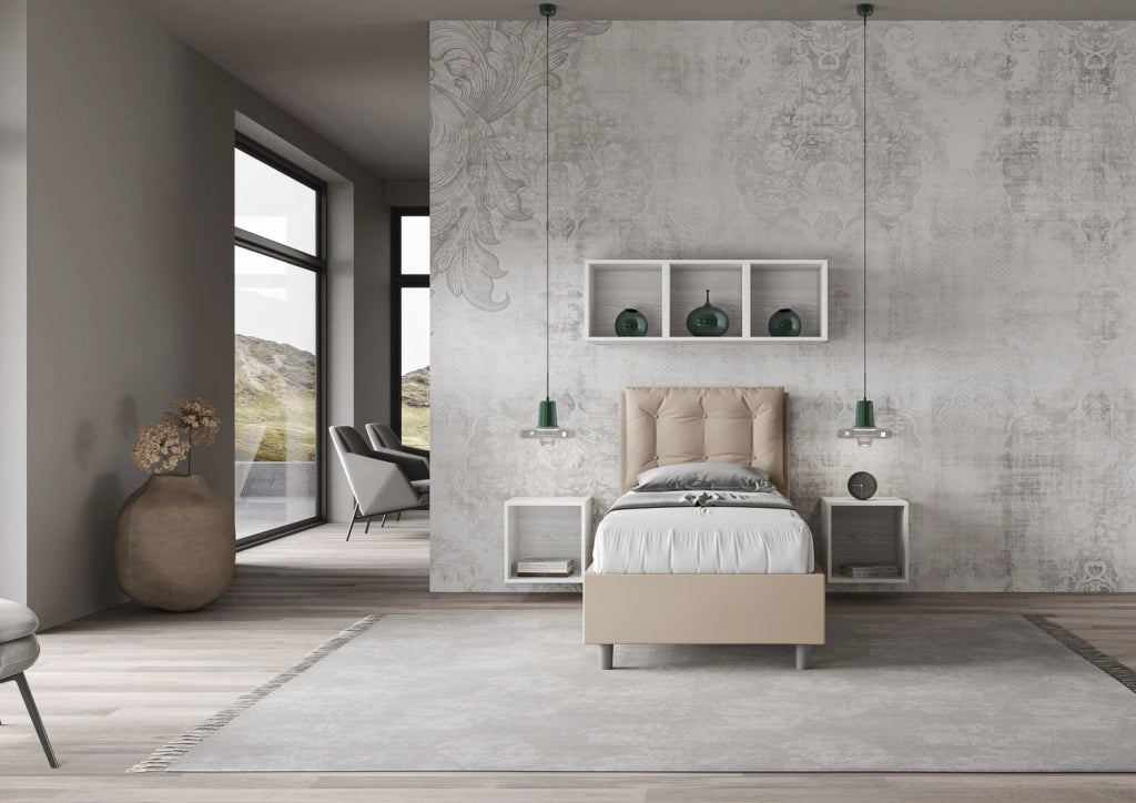 BS COM Letto singolo con rete imbottito 80x200 similpelle tortora