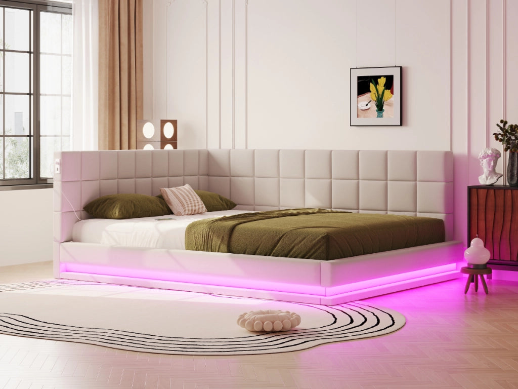 DIVANO LETTO 160x200 cm in tessuto beige con LED e porta USB