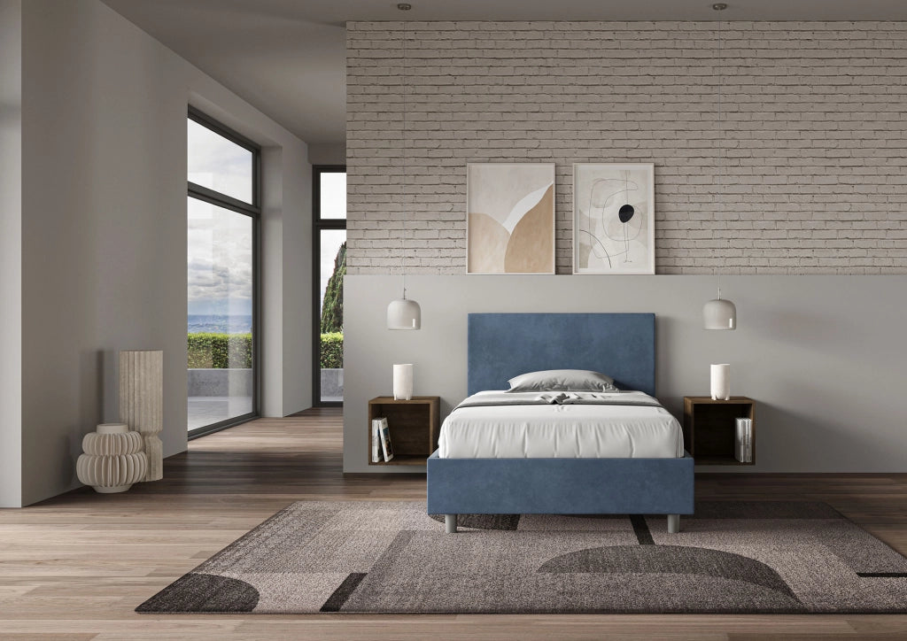 BS COM Letto singolo con rete imbottito 100x200 microfibra blu