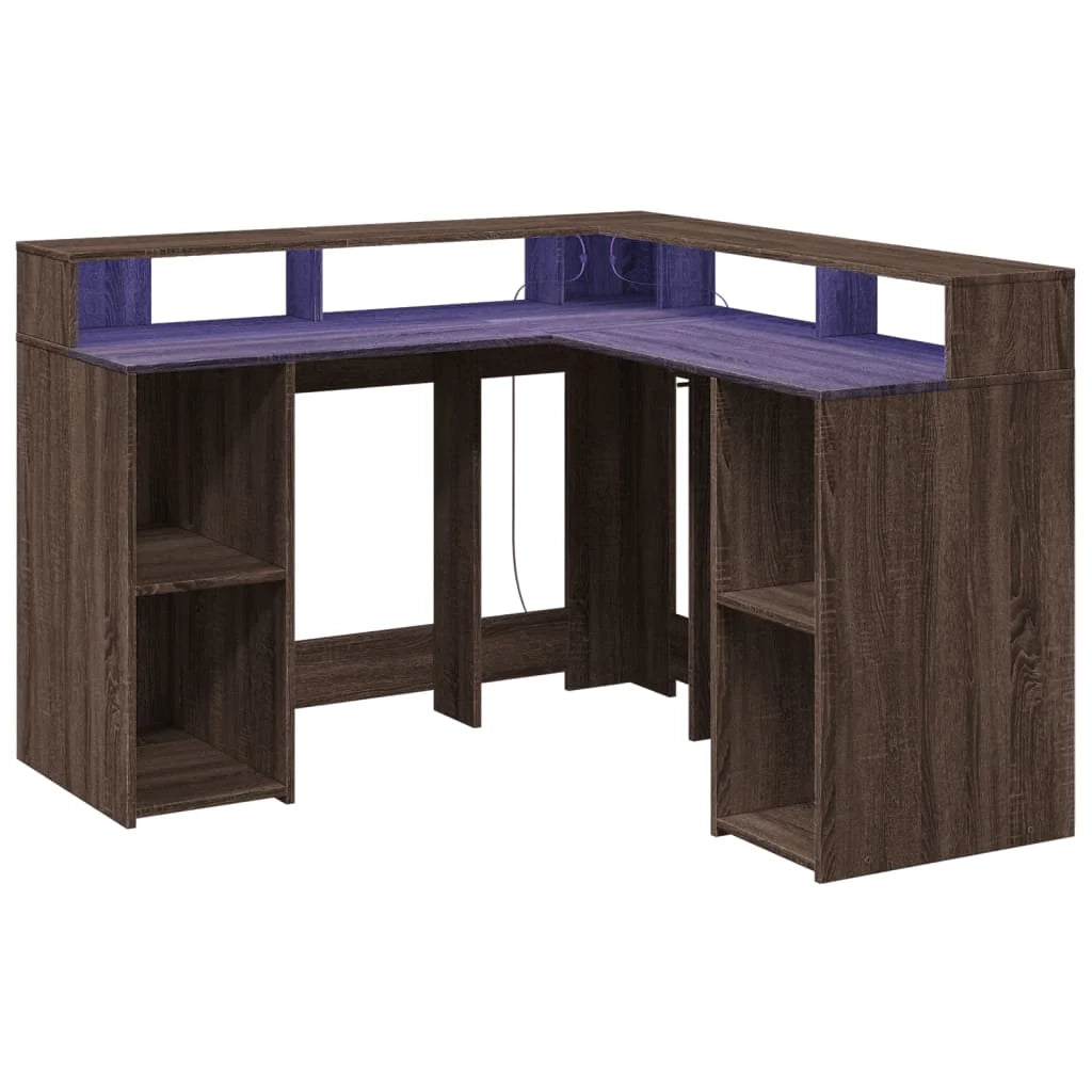 Scrivania tavolo postazione di lavoro mobile per computer studio e luci a LED legno ingegnerizzato di rovere marrone 02_0023793