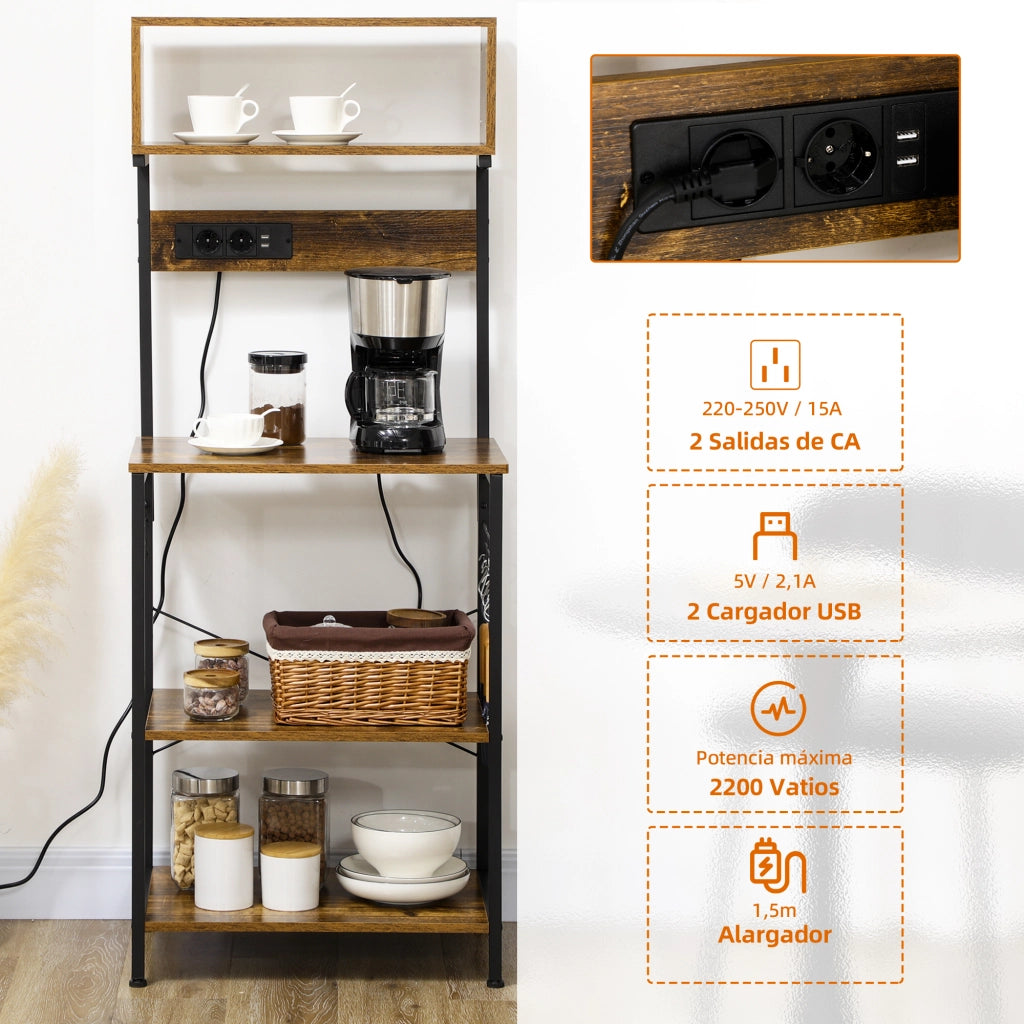 Mensola per microonde con 2 prese USB e 5 ganci ¨C zephmum ¨C 60x42x153 cm marrone