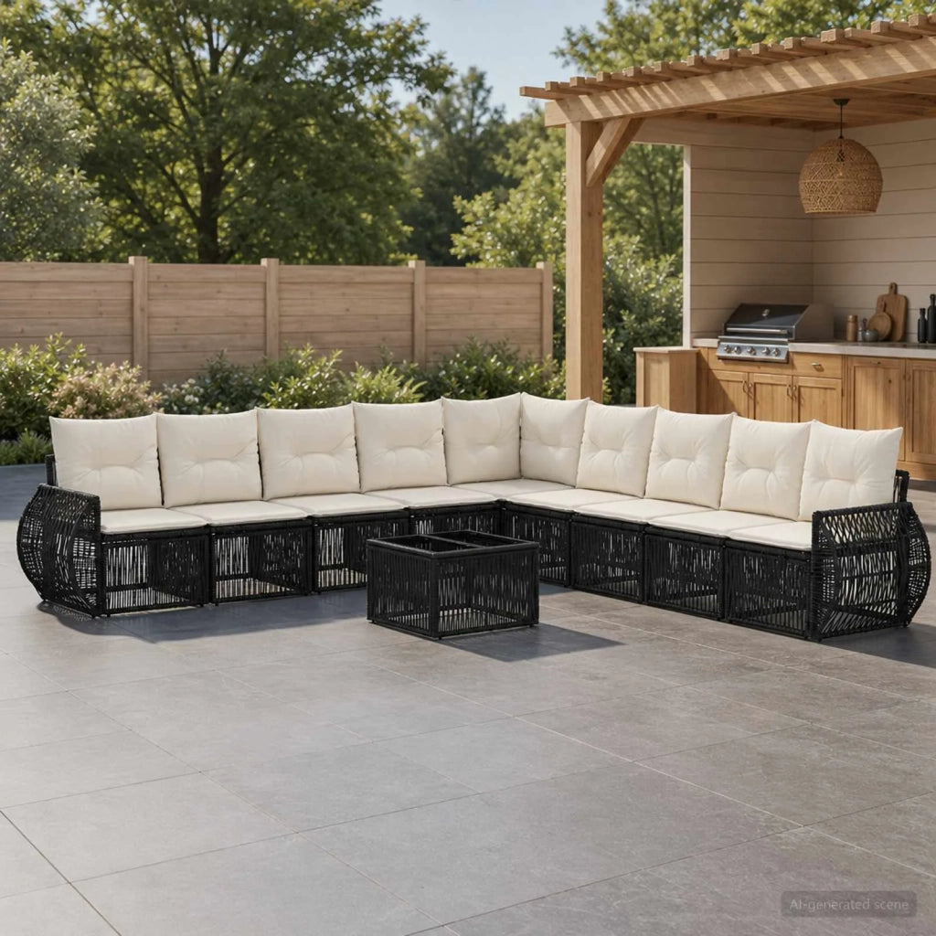 Set Divano da Giardino 10 pz Nero e Bianco Crema polyrattan 3435442