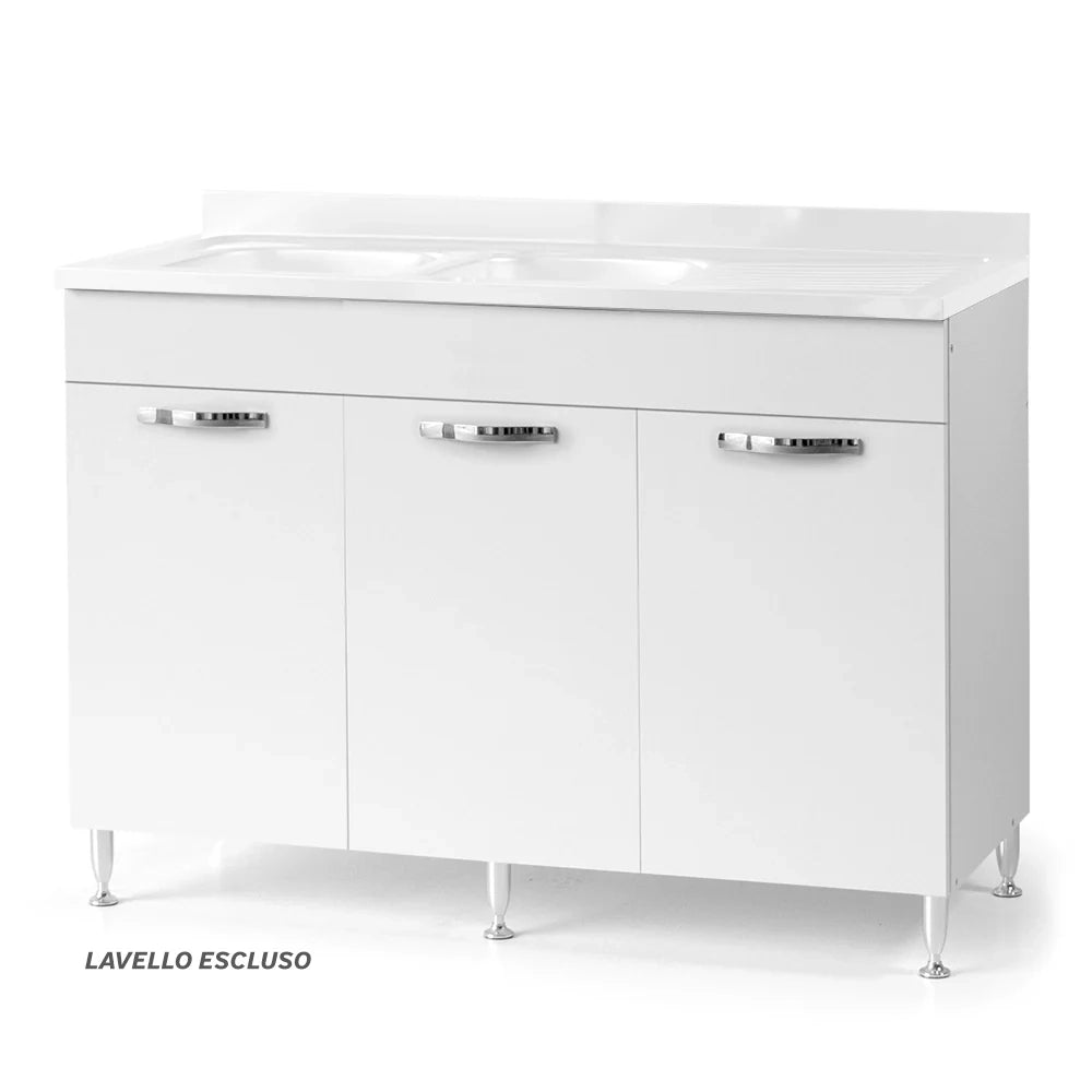 Sottolavello per cucina componibile da 120 cm con tre ante, con Lavello Vasca a Sinistra + Gocciolatoio, realizzata in legno 100% MADE IN ITALY colore Bianco Frassino