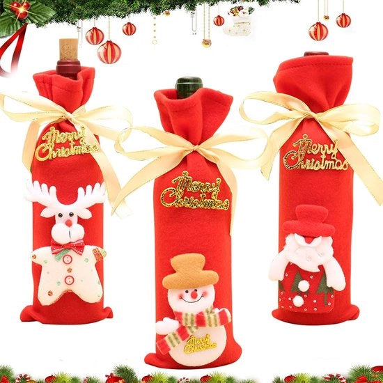 Sacchetto per bottiglie di vino - 3 pezzi - Set di regali - Decorazioni da tavola - Bottiglie di vino - Ideale per Natale - Multifunzionale