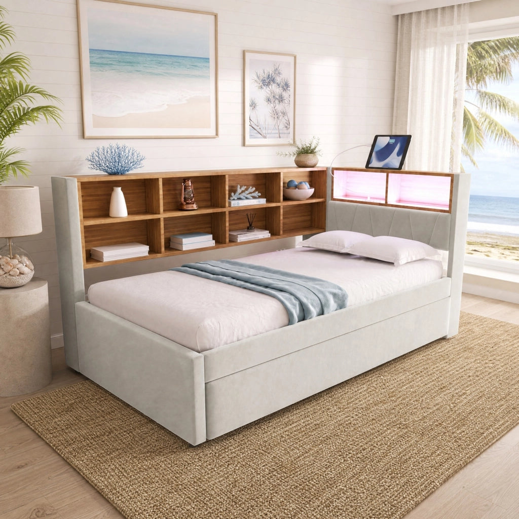 Divano letto 90x200 cm con letto estraibile 90x190; LED; USB e Type-C; vani contenitore; grigio chiaro