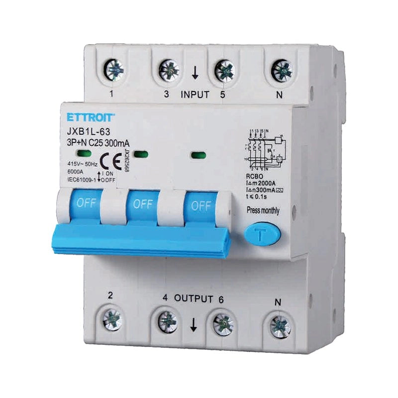 RCBO Interruttore Magnetotermico Differenziale Tipo A Curva C 3P+N 4M 6000A 300mA C25A AC 400V IP20 IEC61009-1