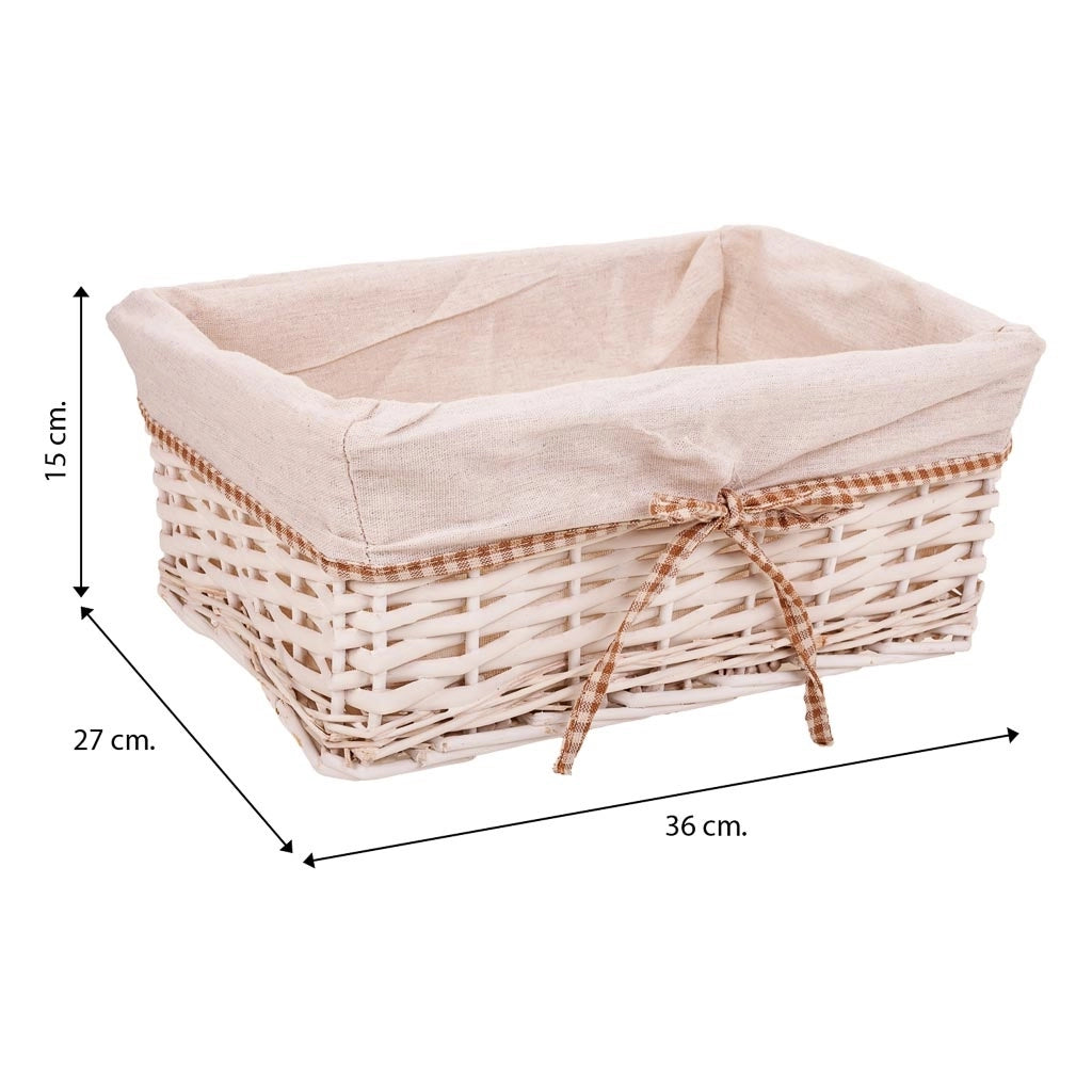 Set di 3 cestini in vimini foderati di bianco
