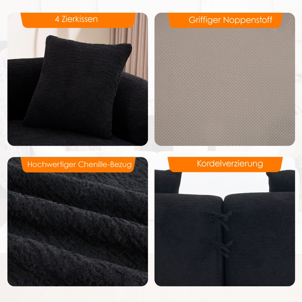 Divano angolare modulare 4 posti con design curvo per soggiorno in chenille nero stile moderno 275×115×63 cm