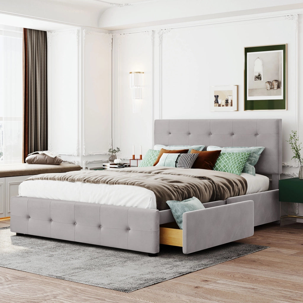 LETTO imbottito 140x200 cm con 4 cassetti, velluto grigio