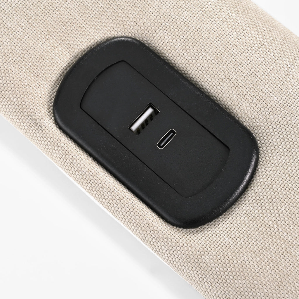 Letto matrimoniale imbottito con LED, USB e porta Type-C, con contenitore e rete a doghe