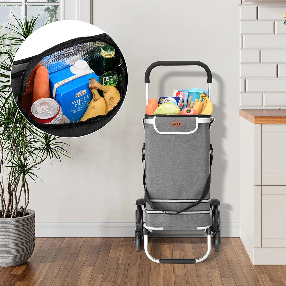 Carrello Spesa Montascale 50L Pieghevole con Borsa Termica Impermeabile 6 Ruote Grigio