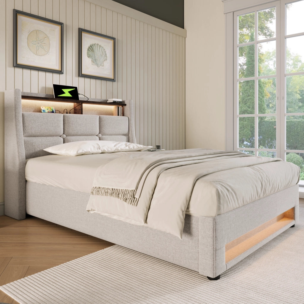 LETTO imbottito 90x200 cm in lino beige con USB e LED