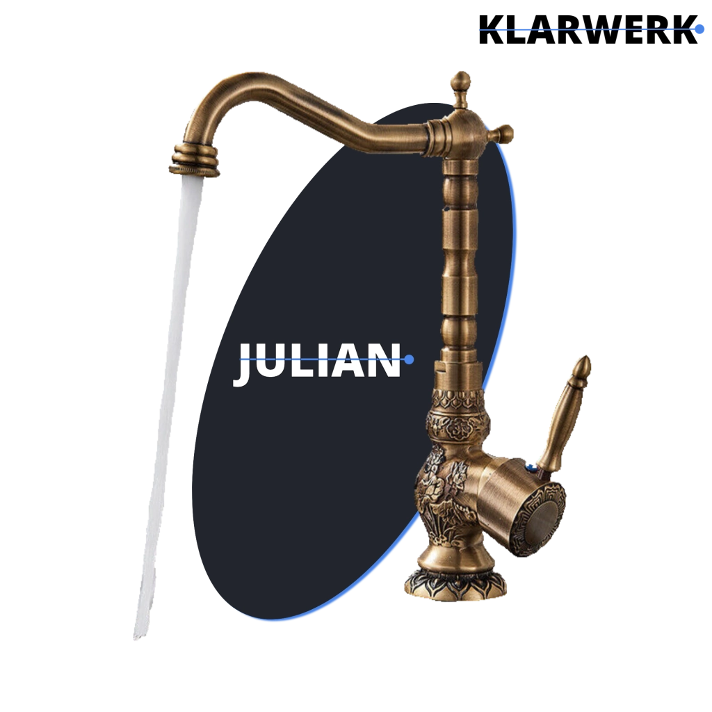 JULIAN | Rubinetto da cucina vintage premium in ottone spazzolato | miscelatore retrò in acciaio inox da cucina Gastro | 2 porte ruotabili a 360°