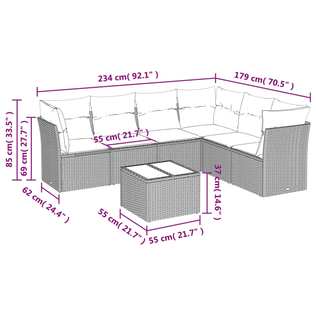 Set Divani da Giardino 7pz con Cuscini Grigio Chiaro Polyrattan