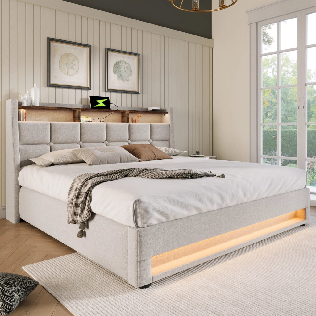 letto imbottito lino beige 140x200 cm