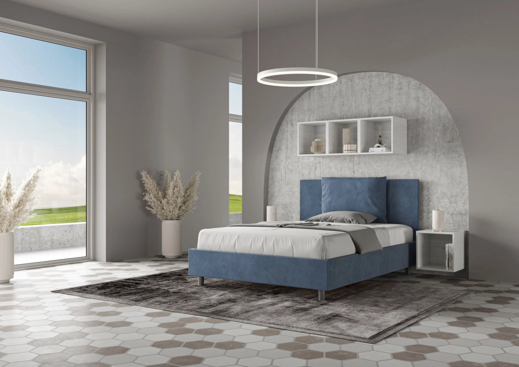 BS COM Letto una piazza e mezza contenitore imbottito 130x190 microfibra blu