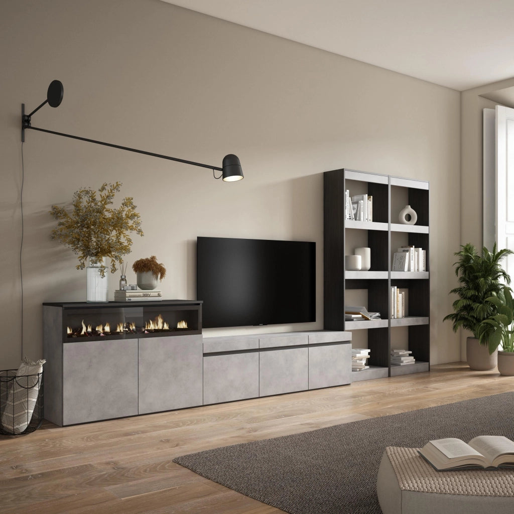 Mobile TV, Soggiorno, 370x35x186cm, Per TV fino a 65", Camino elettrico, grigio cemento RF3172