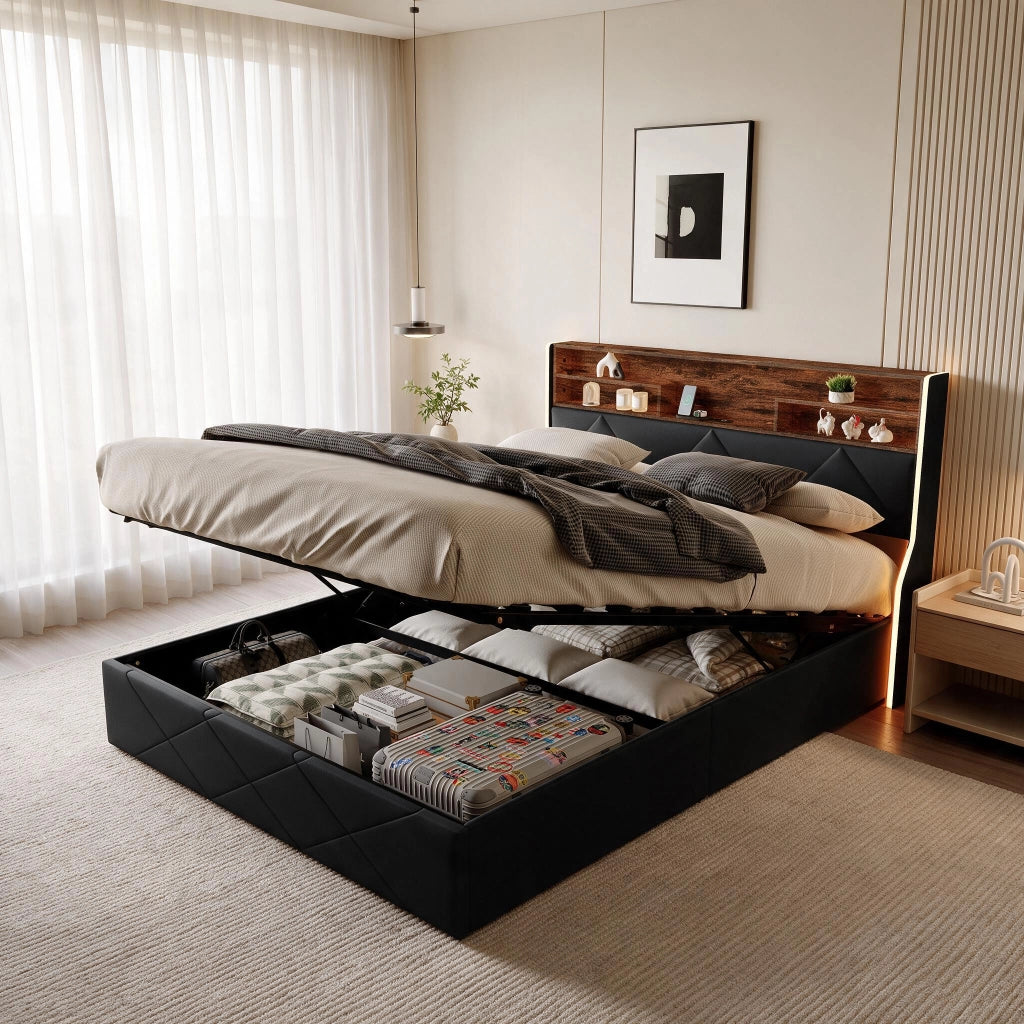 Letto matrimoniale 160x200 cm con contenitore LED USB Type-C testiera rete a doghe struttura letto metallo legno PU - nero