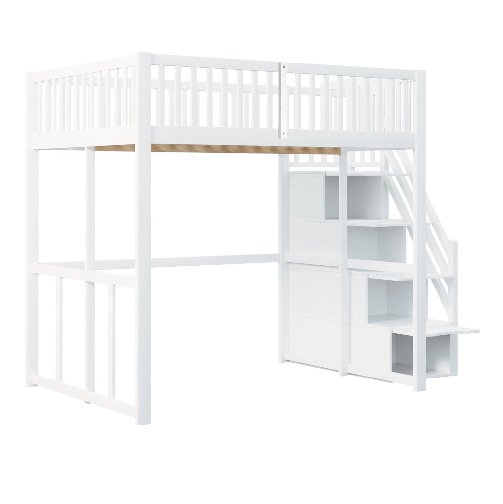 Letto a soppalco 140x200 cm con scala contenitore e struttura in legno