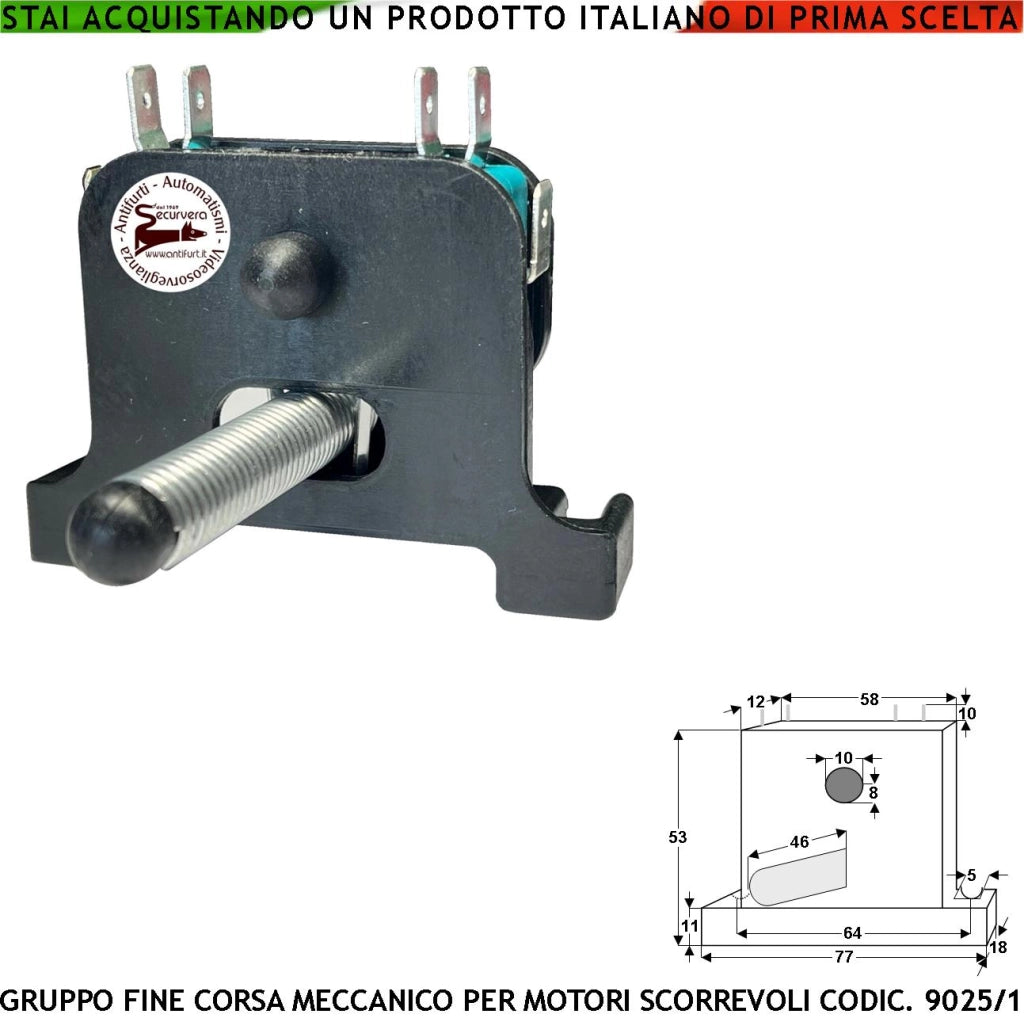 Gruppo Fine Corsa Elettromeccanico per Motori Cancello Scorrevole Geko Simply Carrera 925/1 Composto da 2 Microswitch Contatti a Scambio Carico 10 A 250 V Montato su Supporto in ABS Asta a Molla