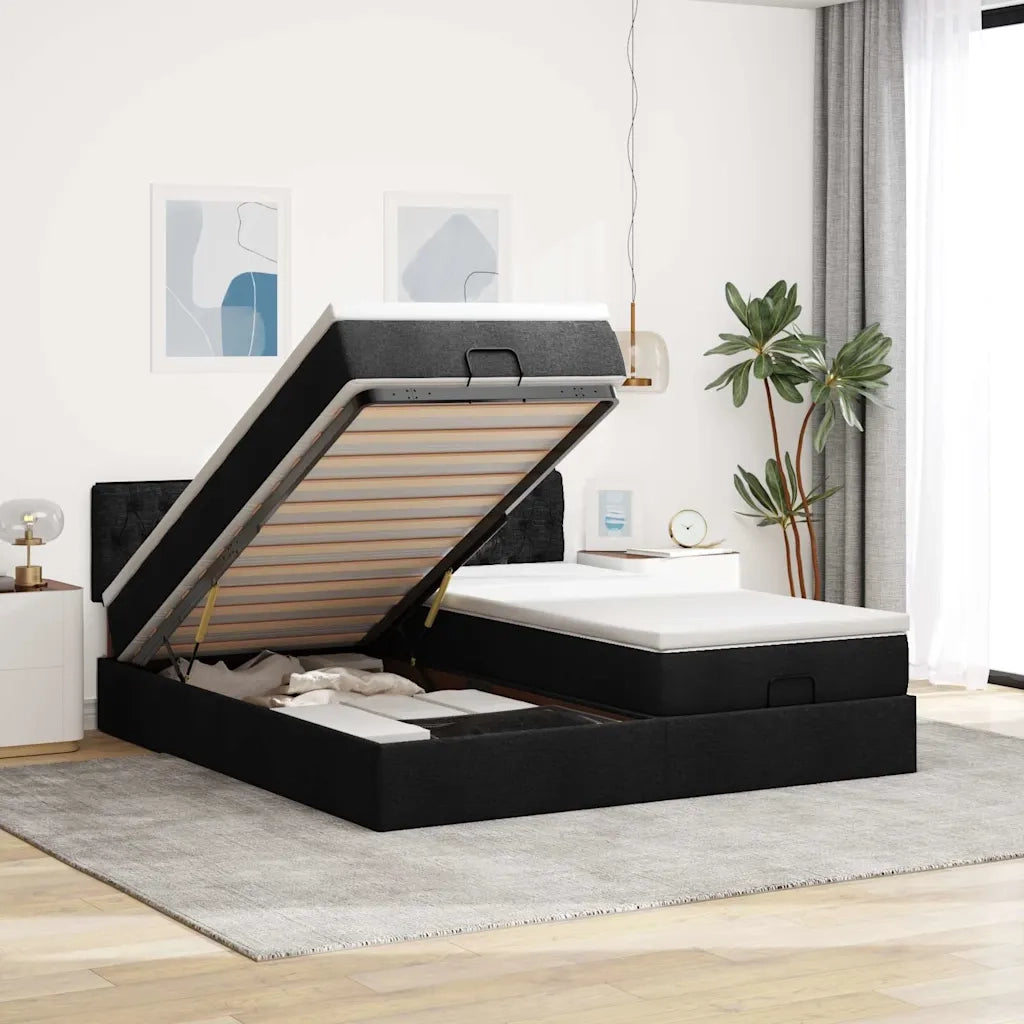 Struttura Letto Pouf con Materassi Nero 200x200 cm in Tessuto
