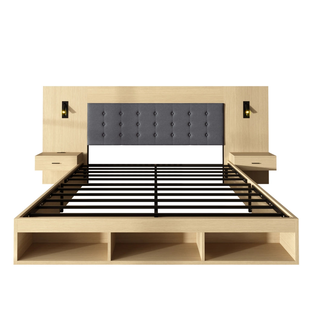 LETTO 160x200 cm con 2 comodini, MDF, Quercia Chiara