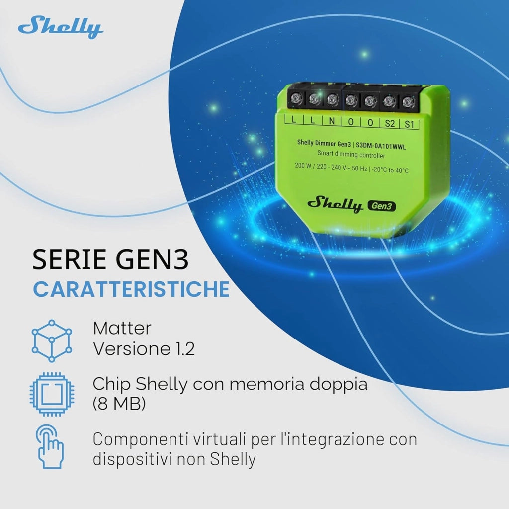 Shelly Dimmer Gen3 Dimmer Smart Wi-Fi per Illuminazione, Regolazione Intelligente della Luminosità, Controllo da App, Compatibile Alexa e Google Home, Automazione Smart Home