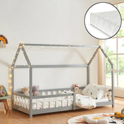 Letto Singolo Hesel per Cameretta Forma di Casetta con Materasso 90 x 200 cm Grigio [en.casa]