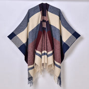 Nuovo scialle a quadri, cardigan/mantella da donna classico in jacquard con spacco e nappine, lavorato a maglia.