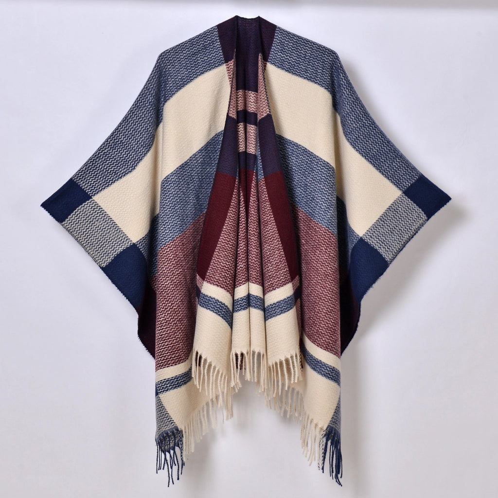 Nuovo scialle a quadri, cardigan/mantella da donna classico in jacquard con spacco e nappine, lavorato a maglia.
