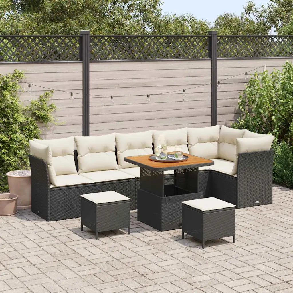 Set Divano da Giardino con cuscino 9 pcs Nero e crema