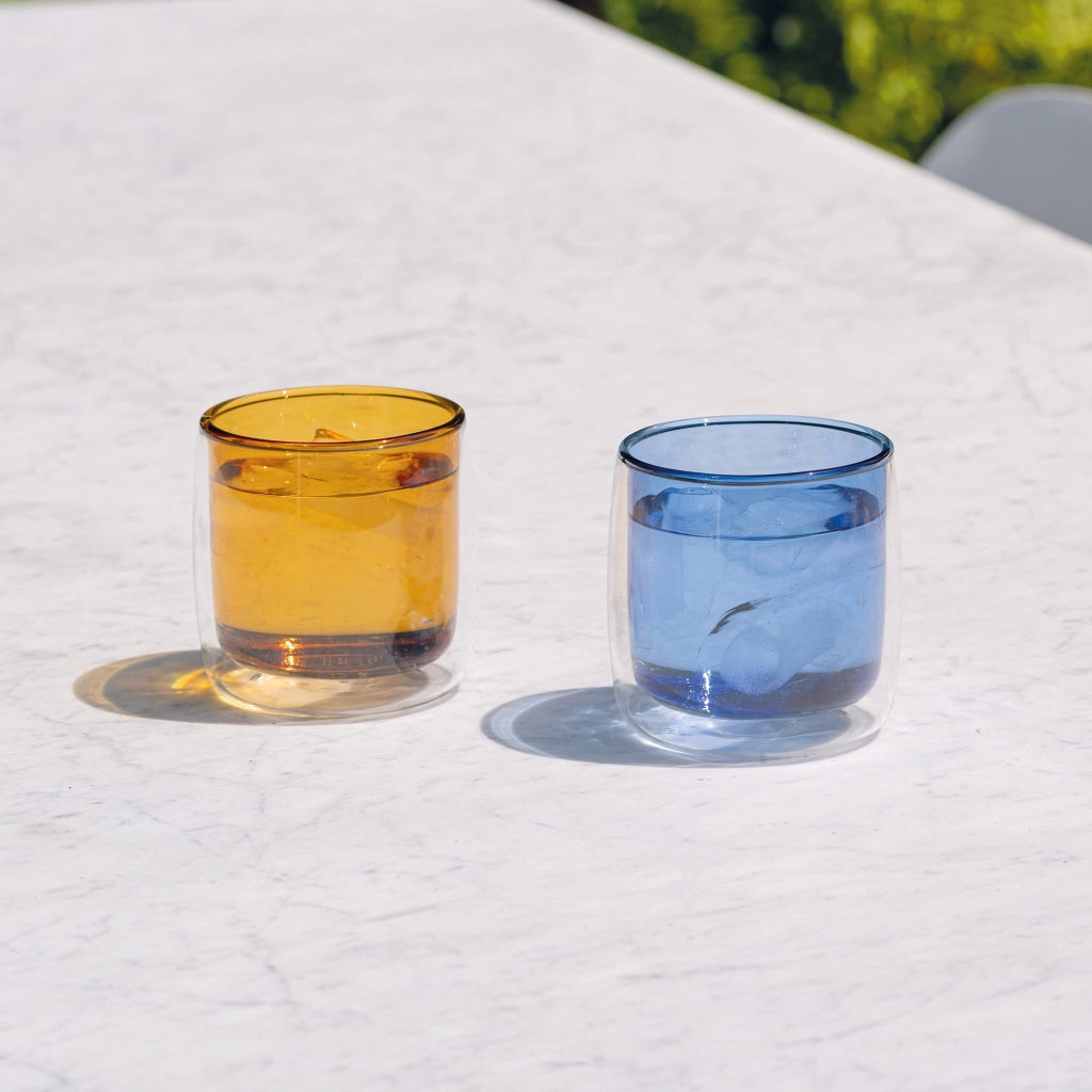 No Bilia Set 4 Bicchieri Vetrocamera Tumbler Borosilicato Doppia Parete Trasparente e Giallo Oro Design Contemporaneo Elegante Alta Resistenza