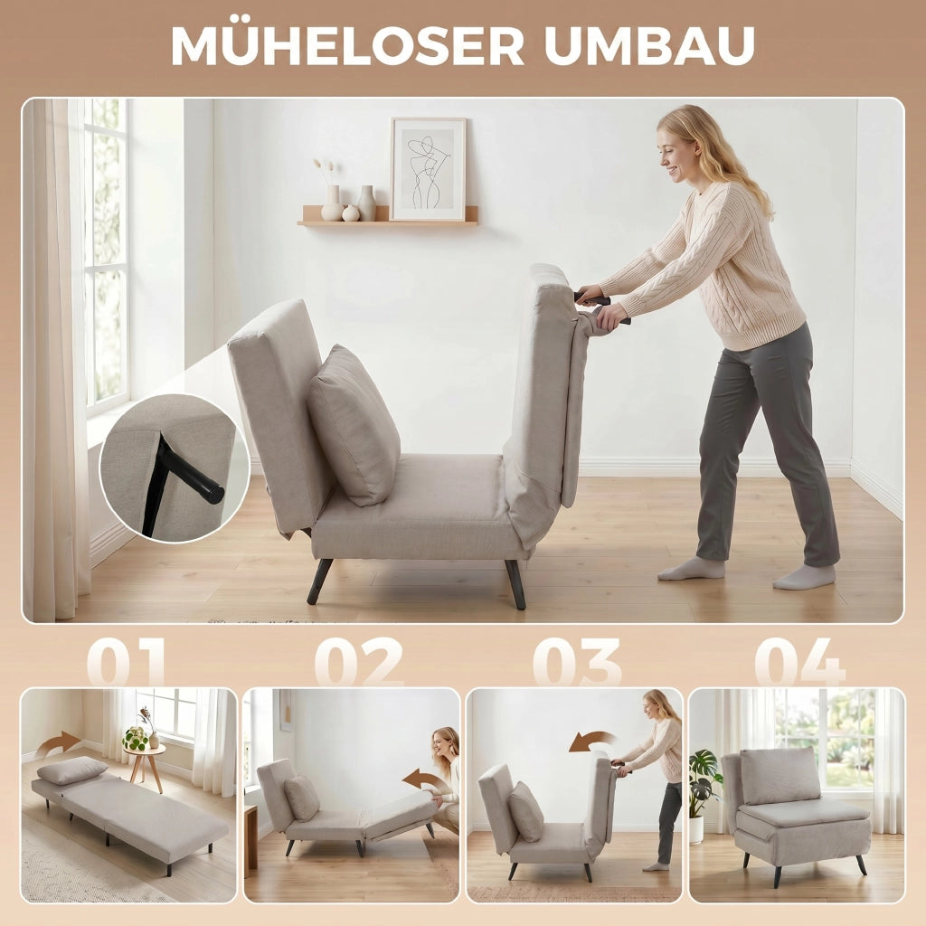 Divano Letto 1 Posto ¨C Minimal ¨C Marrone Chiaro con Cuscino e Dossier Regolabile