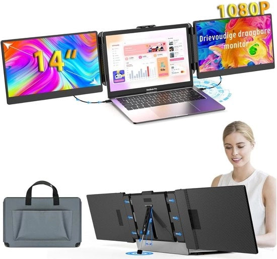 Monitor Portatile Professionale 2024 - Full HD - 13” / 17.4” Tri-Schermo - Estensione Schermo Laptop - Compreso Panno di Protezione e Cavi - Nero