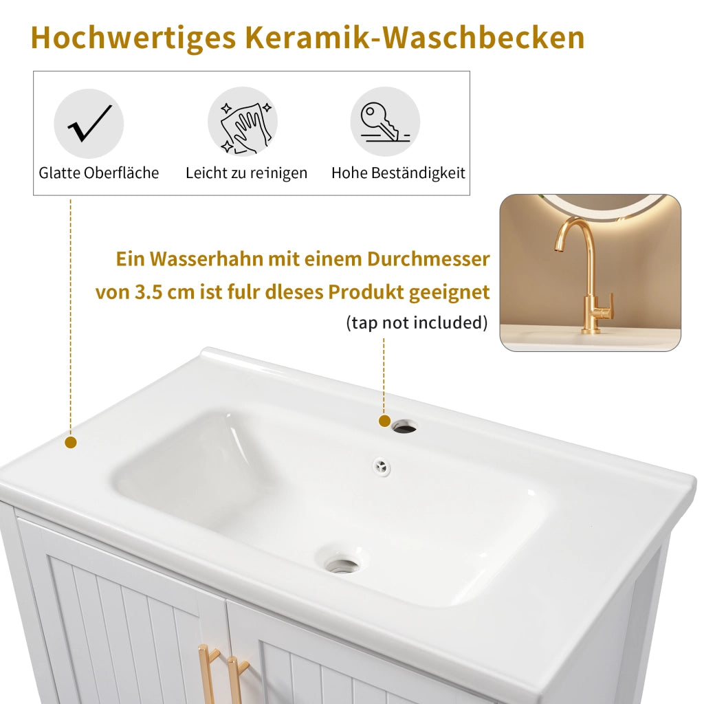 LAVABO DA BAGNO con mobiletto, ceramica bianca e MDF, Set 2 pezzi