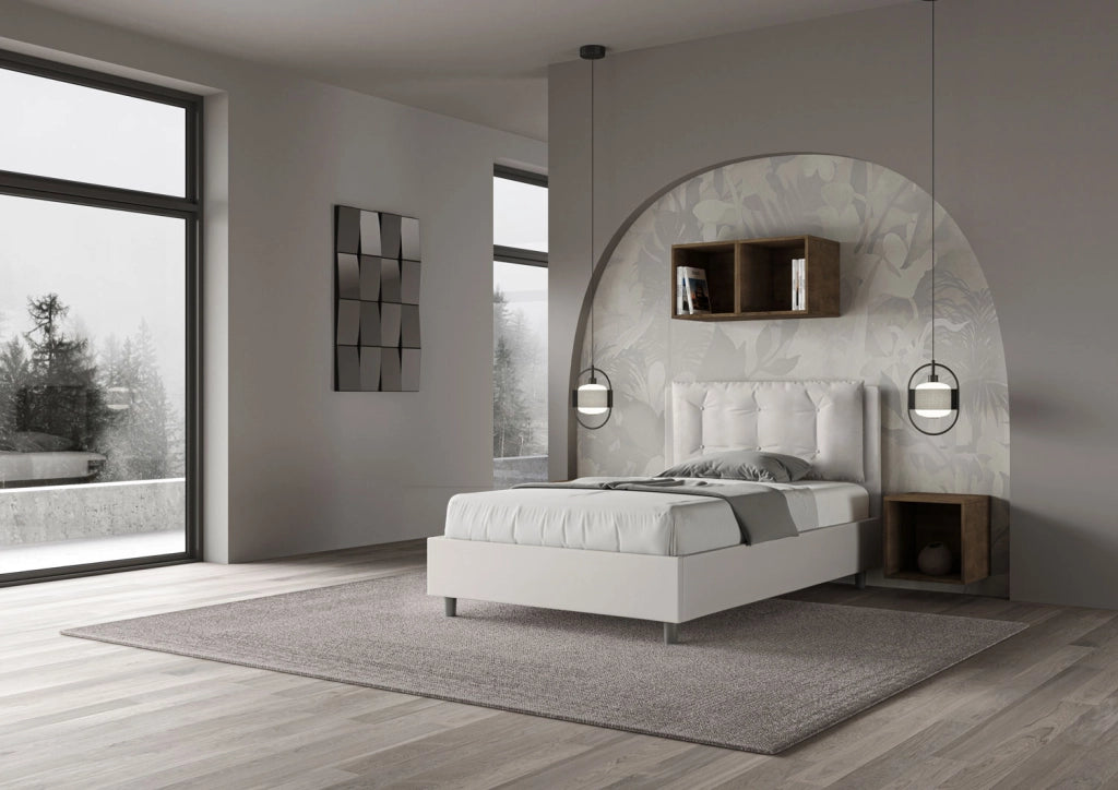 BS COM Letto una piazza e mezza con rete imbottito 120x190 similpelle bianco