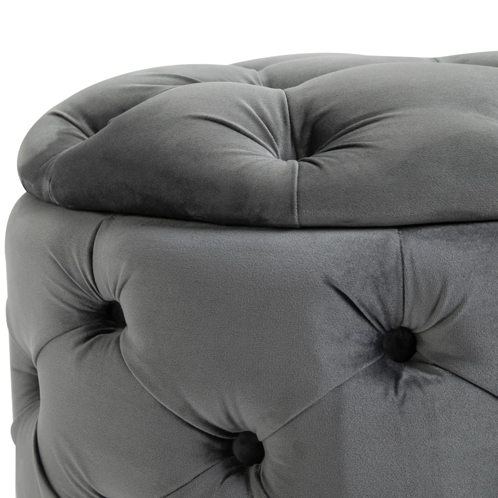 Sgabello vintage, panca contenitore, poggiapiedi, sgabello imbottito, metallo, schiuma, grigio antracite, 55 x 55 x 42 cm
