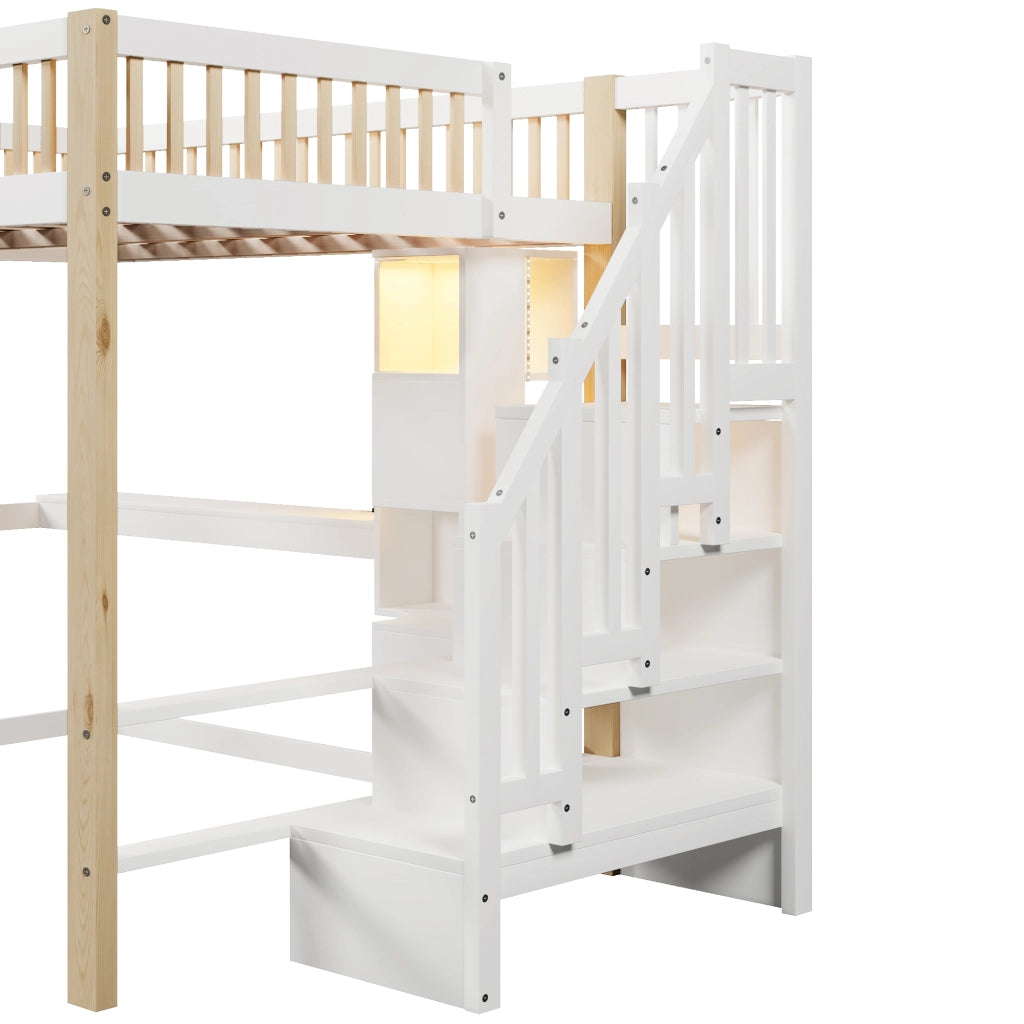 Letto a soppalco matrimoniale 140×200 cm con LED; scrivania; ripiani e scala contenitore; senza materasso; bianco naturale
